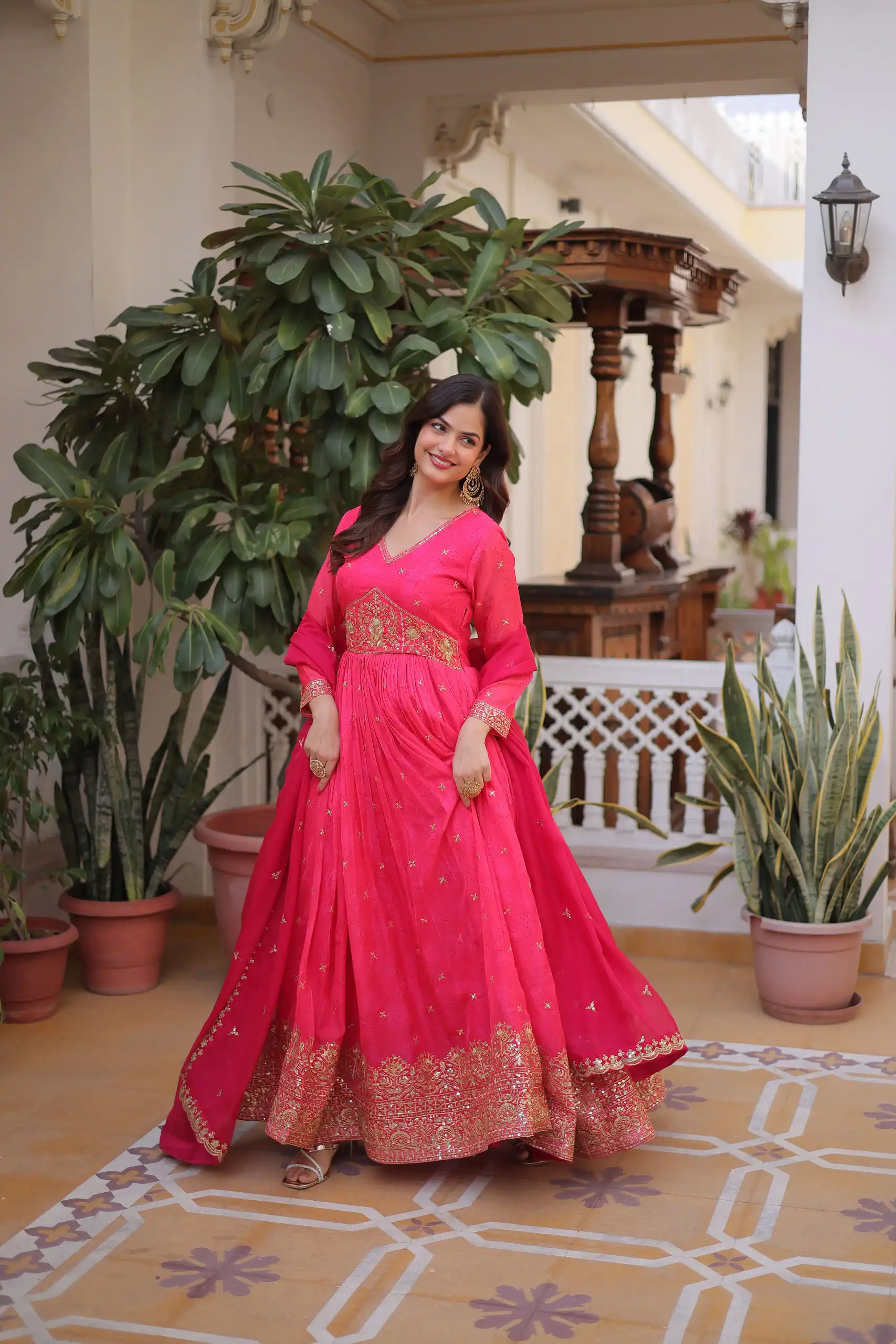 KA 1235 Pink Color Russian Silk Gown with Zari Work & Embroidery Work. Now at just ₹2499. Delivery 4-6 Working Days. Shop now. | Bollywood Gowns, Creative Gowns, Designer Gowns, Embroidered Gowns, Gowns, Party Wear Gowns