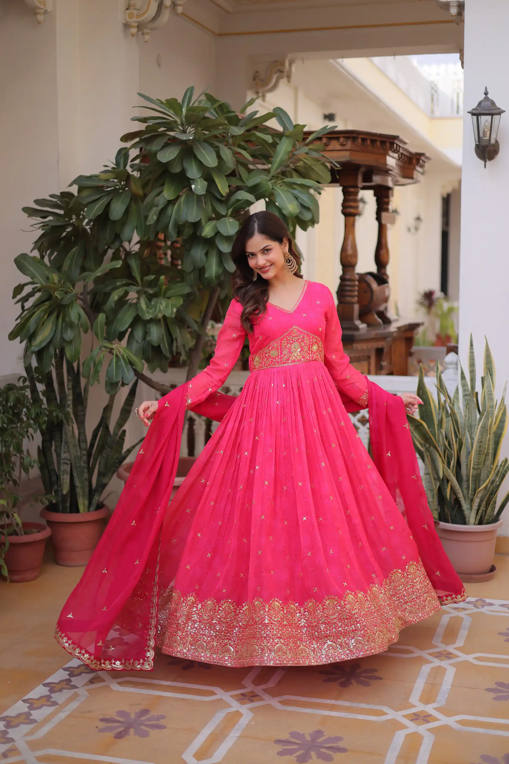 KA 1235 Pink Color Russian Silk Gown with Zari Work & Embroidery Work. Now at just ₹2499. Delivery 4-6 Working Days. Shop now. | Bollywood Gowns, Creative Gowns, Designer Gowns, Embroidered Gowns, Gowns, Party Wear Gowns
