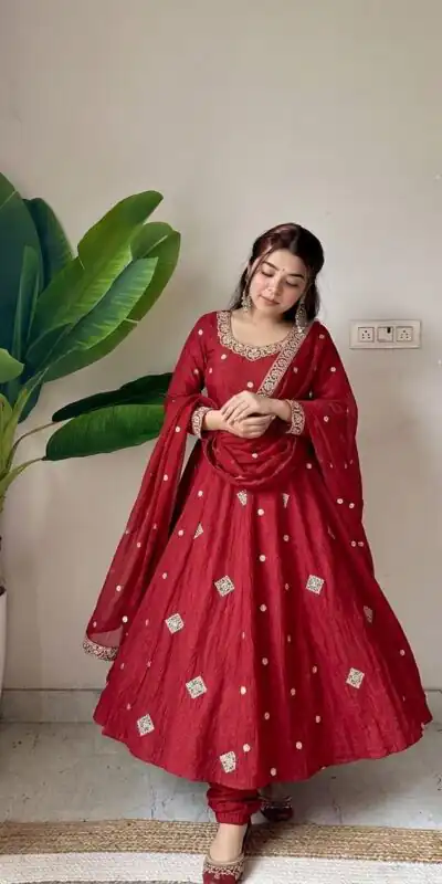 SRK 5351 Red Crunchy Silk Gown Perfect for Wedding, Party, Haldi, Anniversary, Holi – . Affordable Price ₹2149. Delivery 4-6 Working Days. Shop now. | Bollywood Gowns, Creative Gowns, Designer Gowns, Embroidered Gowns, Gowns, Party Wear Gowns