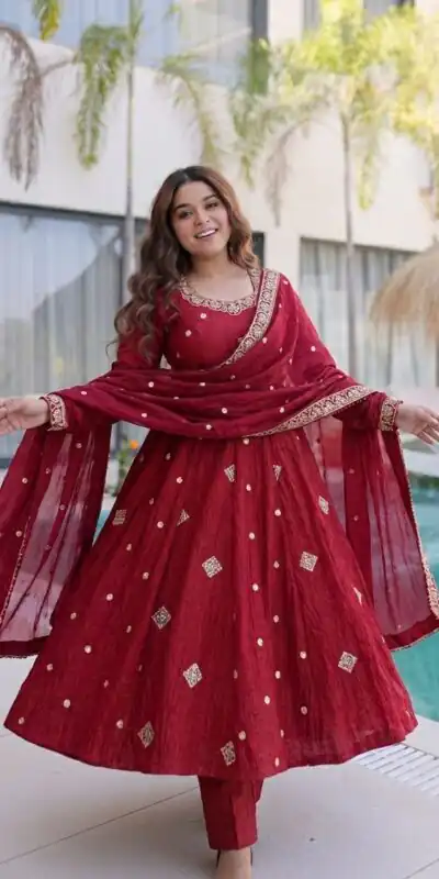 SRK 5351 Red Crunchy Silk Gown Perfect for Wedding, Party, Haldi, Anniversary, Holi – . Affordable Price ₹2149. Delivery 4-6 Working Days. Shop now. | Bollywood Gowns, Creative Gowns, Designer Gowns, Embroidered Gowns, Gowns, Party Wear Gowns