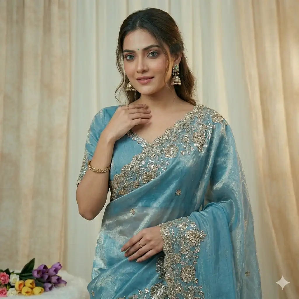 JR 670 Sky Blue in Space Silk Embroidery Work & Zari Work Saree . Available at ₹1949 only. Delivery 4-6 Working Days. Shop now. | Bollywood Sarees, Creative Sarees, Designer Sarees, Embroidered Sarees, Ethnic Saree, Modern Digital sarees, Party Wear Sarees, Sarees