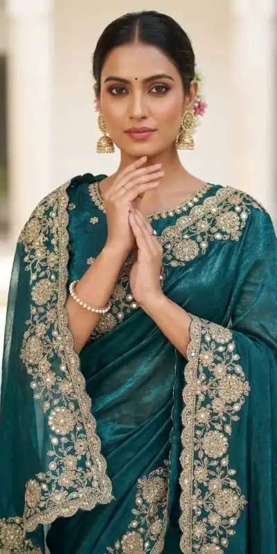 JR 670 Teal in Space Silk Embroidery Work & Zari Work Saree . Available at ₹1949 only. Delivery 4-6 Working Days. Shop now. | Bollywood Sarees, Creative Sarees, Designer Sarees, Embroidered Sarees, Ethnic Saree, Modern Digital sarees, Party Wear Sarees, Sarees