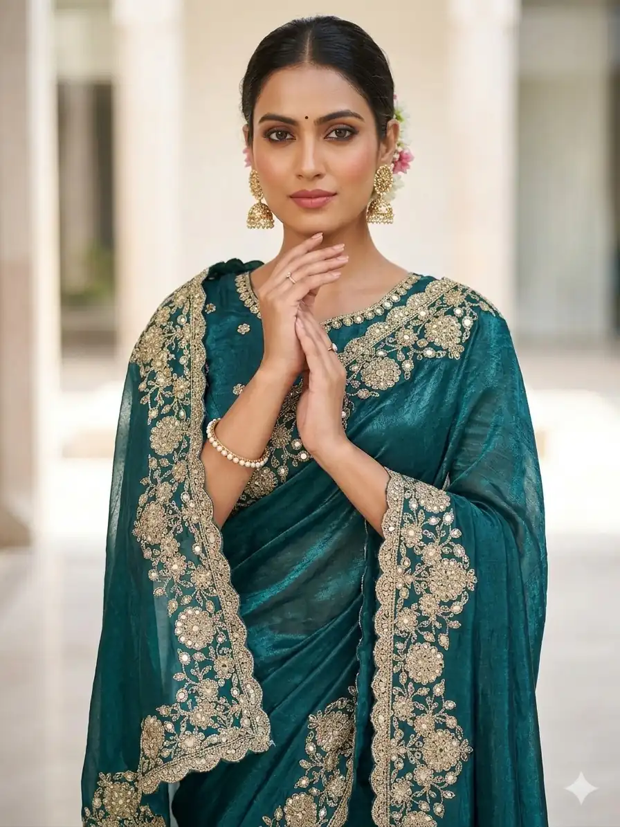 JR 670 Teal in Space Silk Embroidery Work & Zari Work Saree . Available at ₹1949 only. Delivery 4-6 Working Days. Shop now. | Bollywood Sarees, Creative Sarees, Designer Sarees, Embroidered Sarees, Ethnic Saree, Modern Digital sarees, Party Wear Sarees, Sarees