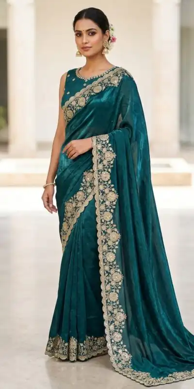 JR 670 Teal in Space Silk Embroidery Work & Zari Work Saree . Available at ₹1949 only. Delivery 4-6 Working Days. Shop now. | Bollywood Sarees, Creative Sarees, Designer Sarees, Embroidered Sarees, Ethnic Saree, Modern Digital sarees, Party Wear Sarees, Sarees