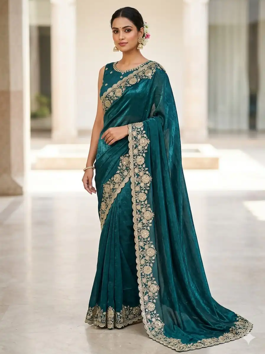 JR 670 Teal in Space Silk Embroidery Work & Zari Work Saree . Available at ₹1949 only. Delivery 4-6 Working Days. Shop now. | Bollywood Sarees, Creative Sarees, Designer Sarees, Embroidered Sarees, Ethnic Saree, Modern Digital sarees, Party Wear Sarees, Sarees