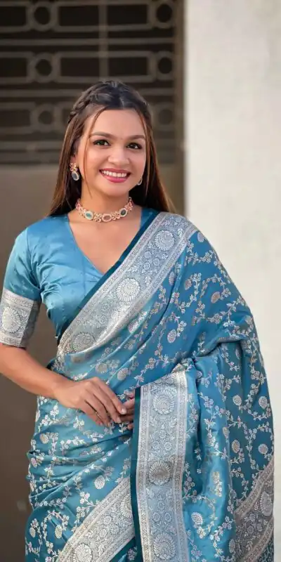 KPR 290 Blue in Soft Lichi Silk Jacquard Work Designer Work Saree . Exclusive Offer ₹1349. Delivery 4-6 Working Days. Shop now. | Bollywood Sarees, Creative Sarees, Designer Sarees, Embroidered Sarees, Ethnic Saree, Modern Digital sarees, Party Wear Sarees, Sarees