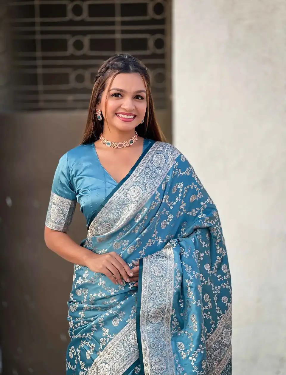 KPR 290 Blue in Soft Lichi Silk Jacquard Work Designer Work Saree . Exclusive Offer ₹1349. Delivery 4-6 Working Days. Shop now. | Bollywood Sarees, Creative Sarees, Designer Sarees, Embroidered Sarees, Ethnic Saree, Modern Digital sarees, Party Wear Sarees, Sarees