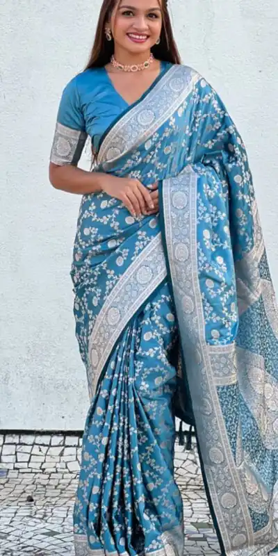 KPR 290 Blue in Soft Lichi Silk Jacquard Work Designer Work Saree . Exclusive Offer ₹1349. Delivery 4-6 Working Days. Shop now. | Bollywood Sarees, Creative Sarees, Designer Sarees, Embroidered Sarees, Ethnic Saree, Modern Digital sarees, Party Wear Sarees, Sarees
