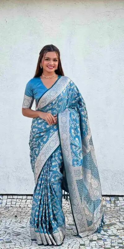 KPR 290 Blue in Soft Lichi Silk Jacquard Work Designer Work Saree . Exclusive Offer ₹1349. Delivery 4-6 Working Days. Shop now. | Bollywood Sarees, Creative Sarees, Designer Sarees, Embroidered Sarees, Ethnic Saree, Modern Digital sarees, Party Wear Sarees, Sarees