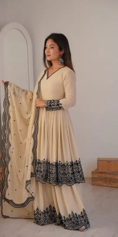 SP 71 Chiku Faux Georgette Salwar Suit with Embroidery Work. Available at ₹2499 only. Delivery 4-6 Working Days. Shop now. | Jump Suits, Straight Suits, Casual Suits, Creative suits, Designer Suits, Palazzo Suits, Party Wear Suits, Patiala Suits, Salwar suit
