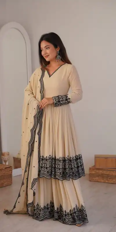 SP 71 Chiku Faux Georgette Salwar Suit with Embroidery Work. Available at ₹2499 only. Delivery 4-6 Working Days. Shop now. | Jump Suits, Straight Suits, Casual Suits, Creative suits, Designer Suits, Palazzo Suits, Party Wear Suits, Patiala Suits, Salwar suit