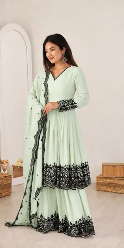 SP 71 Pista Faux Georgette Salwar Suit with Embroidery Work. Available at ₹2499 only. Delivery 4-6 Working Days. Shop now. | Jump Suits, Straight Suits, Casual Suits, Creative suits, Designer Suits, Palazzo Suits, Party Wear Suits, Patiala Suits, Salwar suit
