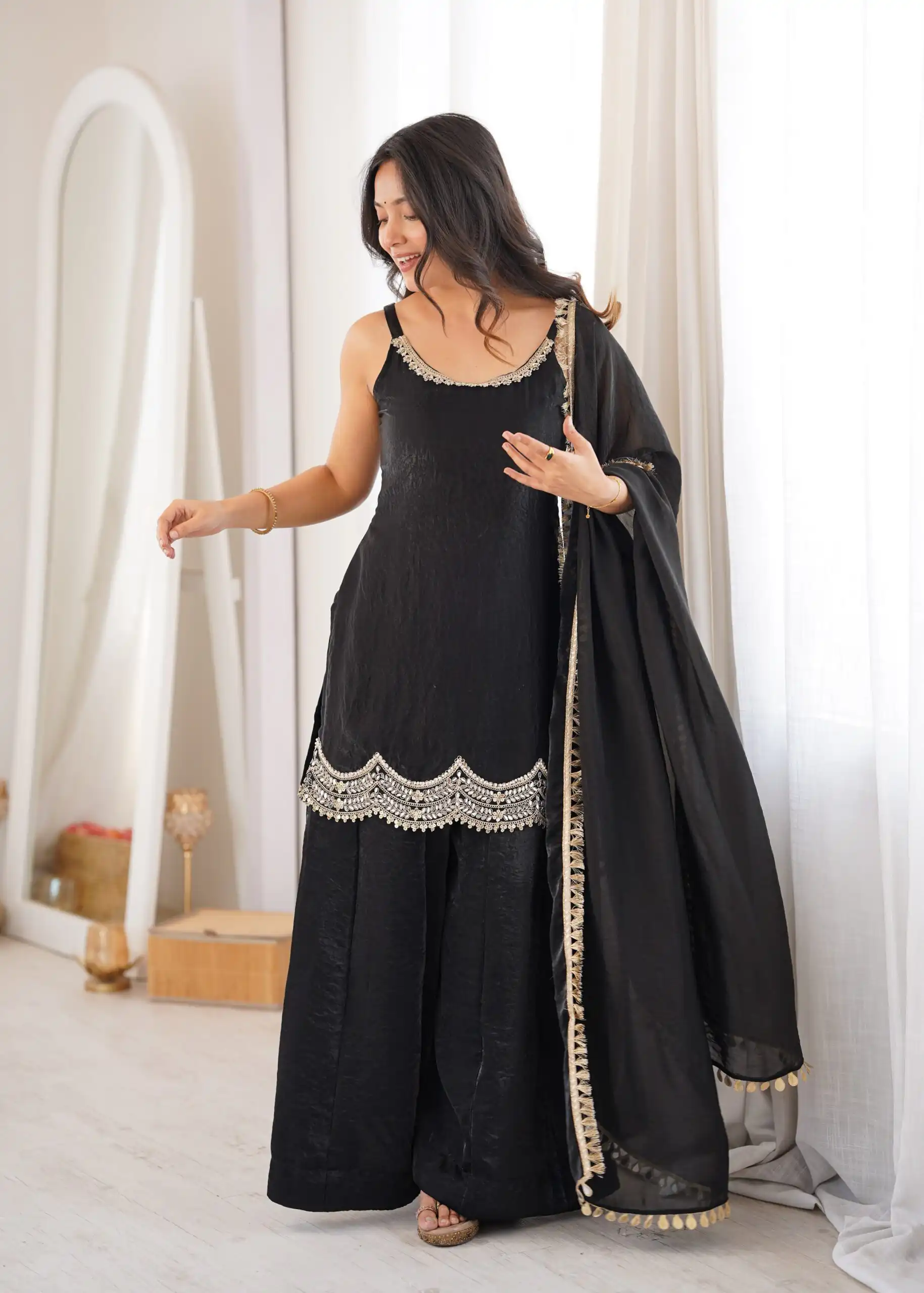 Aglow Black Fendy Silk ⁠Embroidery Mirror Work Salwar Suit - Image 16