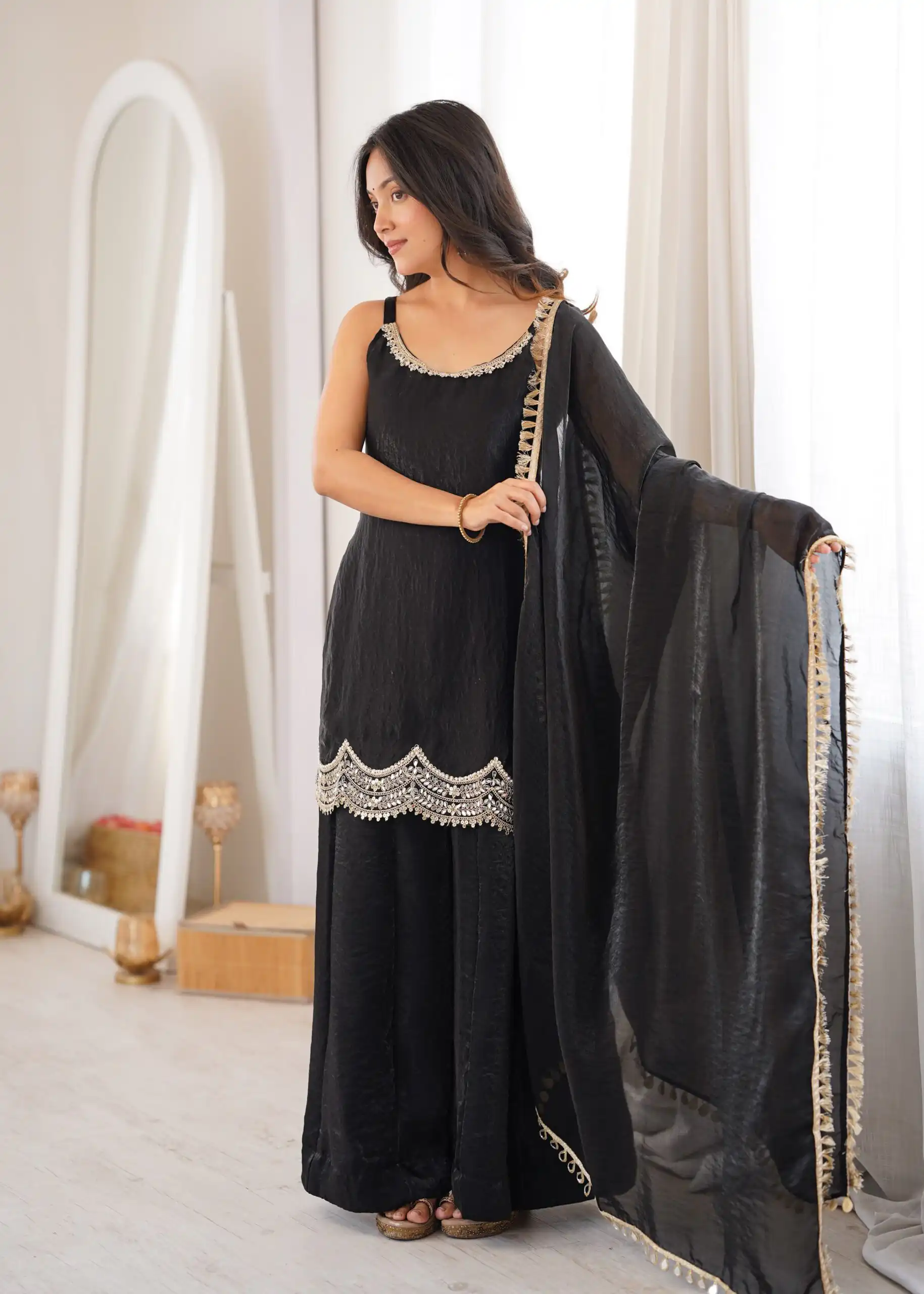 Aglow Black Fendy Silk ⁠Embroidery Mirror Work Salwar Suit - Image 18