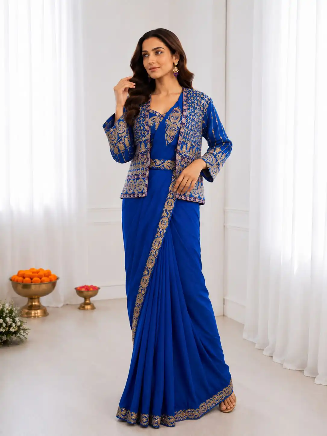 Aglow Blue Crep Silk Embroidery Work Saree - Image 3