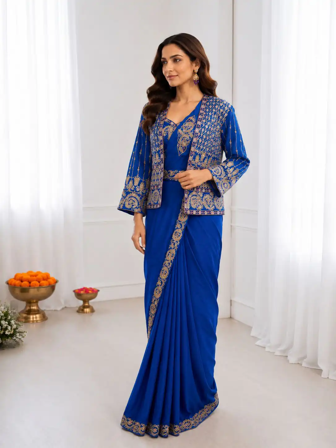 Aglow Blue Crep Silk Embroidery Work Saree - Image 2