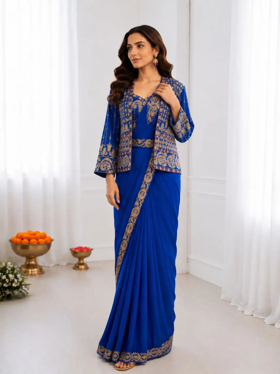 Aglow Blue Crep Silk Embroidery Work Saree - Image 4