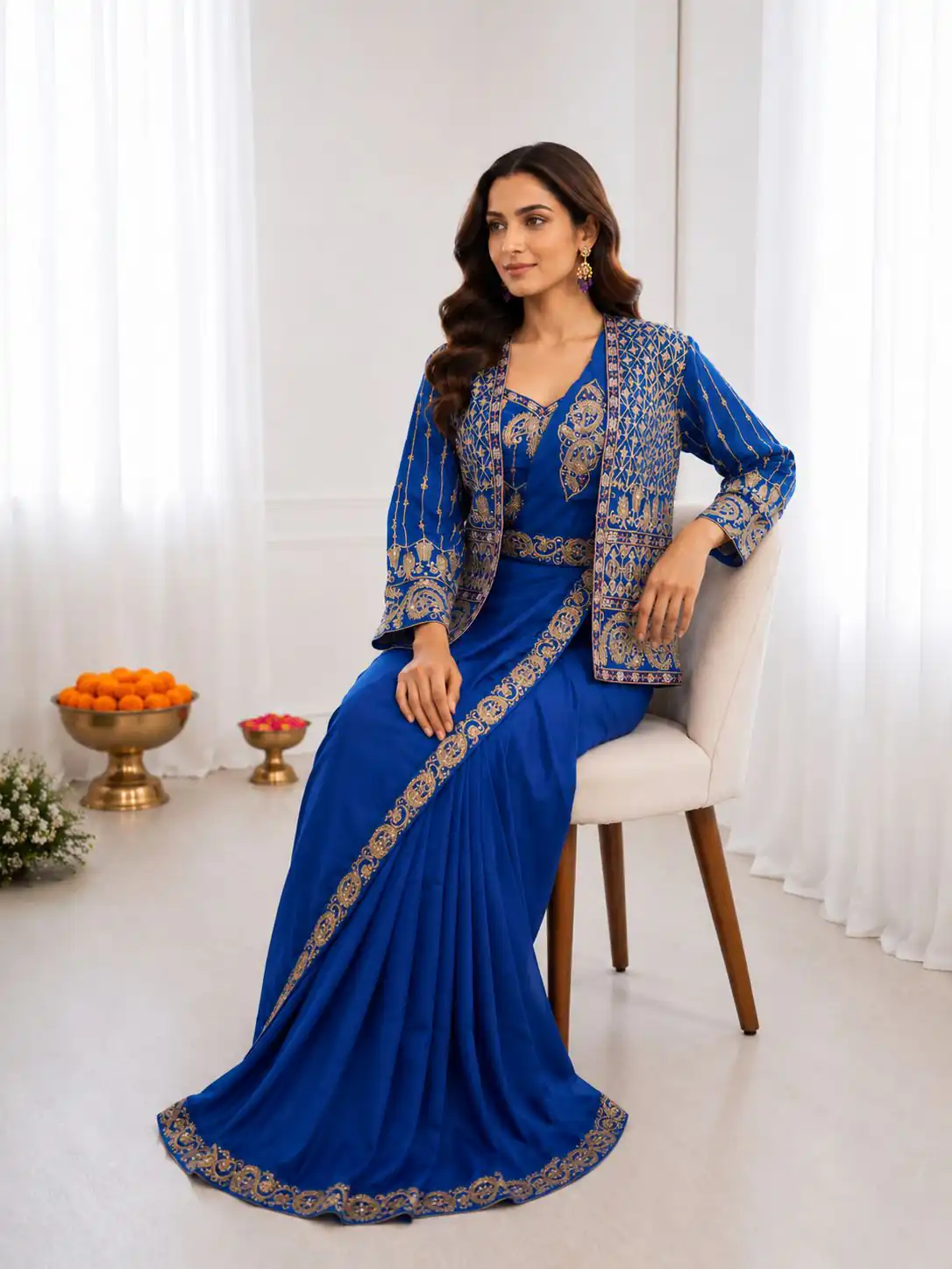 Aglow Blue Crep Silk Embroidery Work Saree