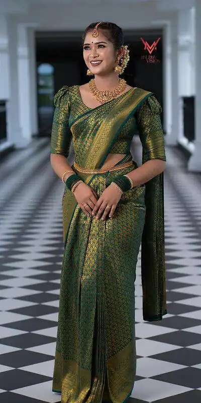 Aglow Green Lichi Silk Jacquard Work Saree
