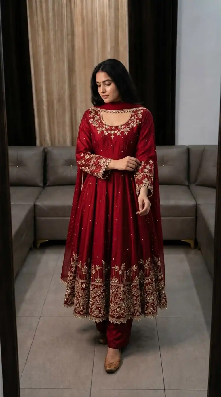 Aglow Maroon Faux Georgette Embroidery Work Gown - Image 3