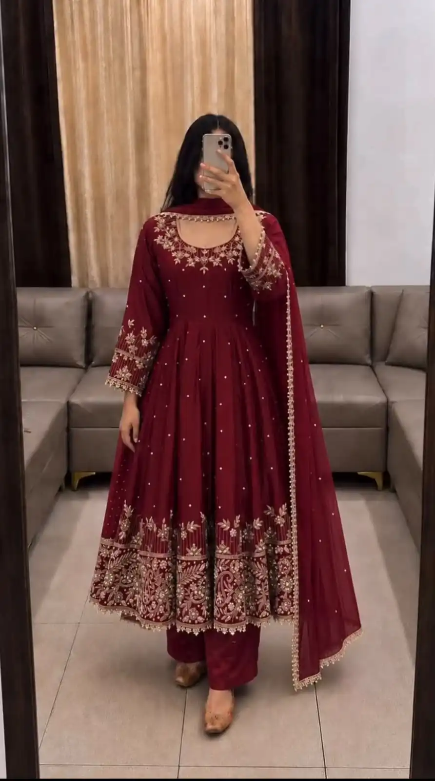 Aglow Maroon Faux Georgette Embroidery Work Gown - Image 2