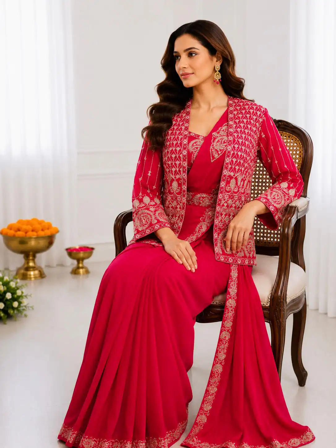 Aglow Pink Crep Silk Embroidery Work Saree - Image 3