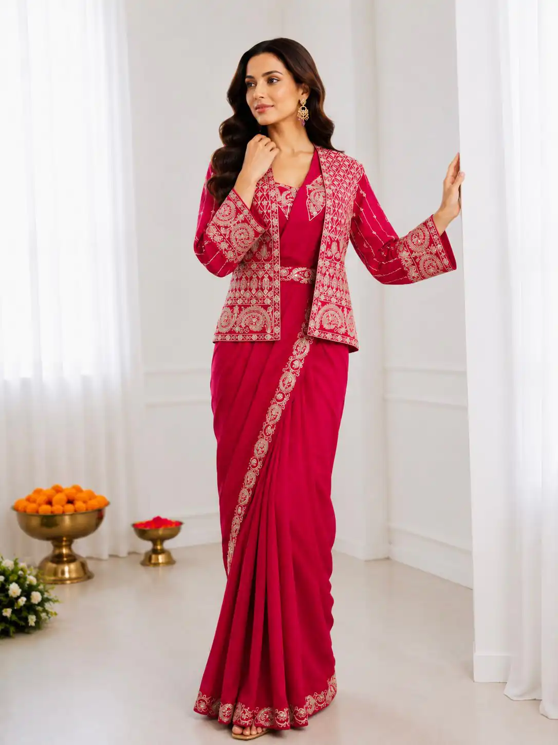 Aglow Pink Crep Silk Embroidery Work Saree