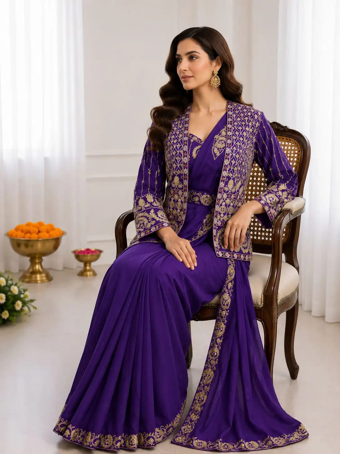 Aglow Purple Crep Silk Embroidery Work Saree - Image 2