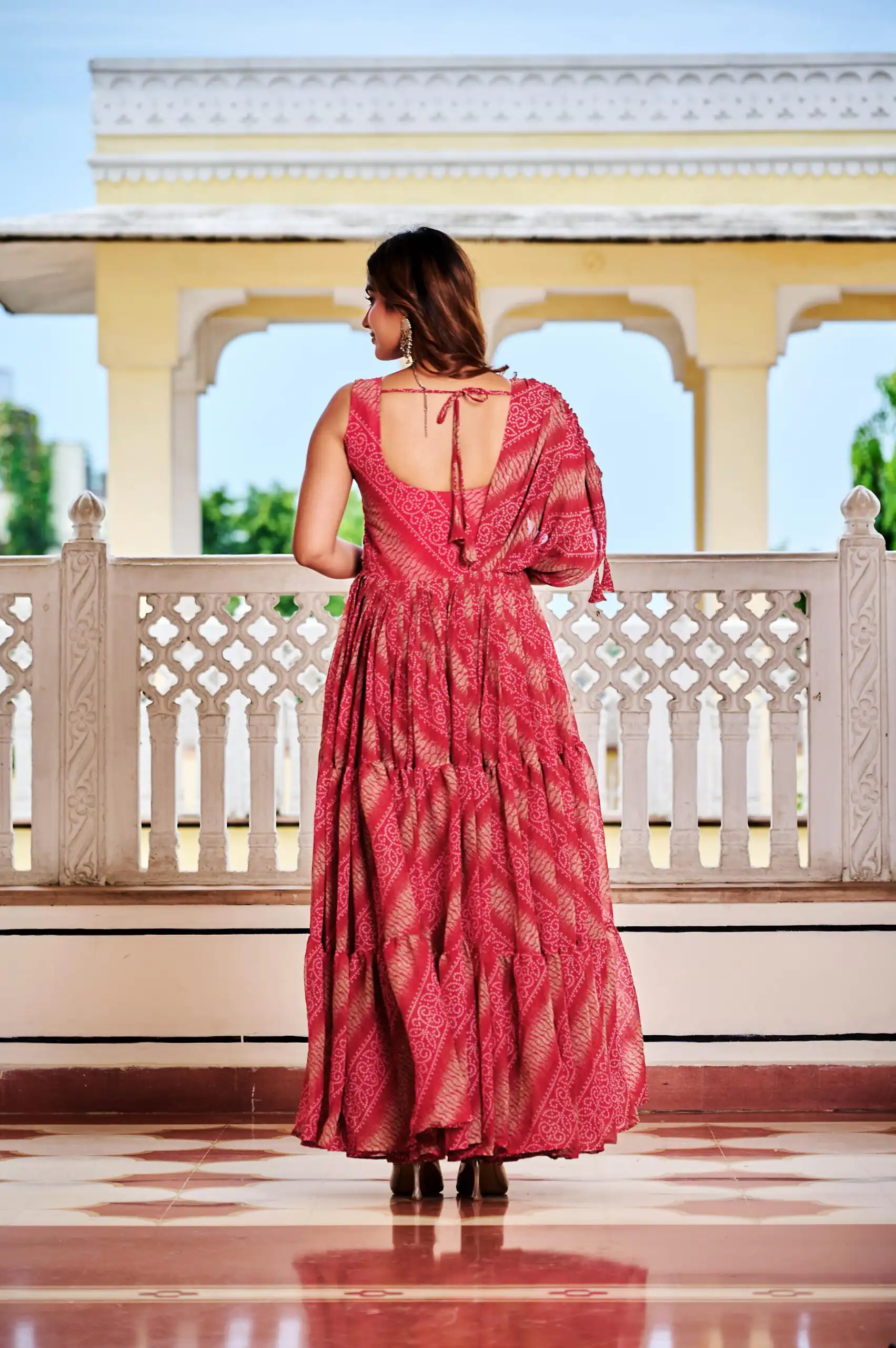 Aglow Red Faux Georgette Printed Mirror Work Gown - Image 6