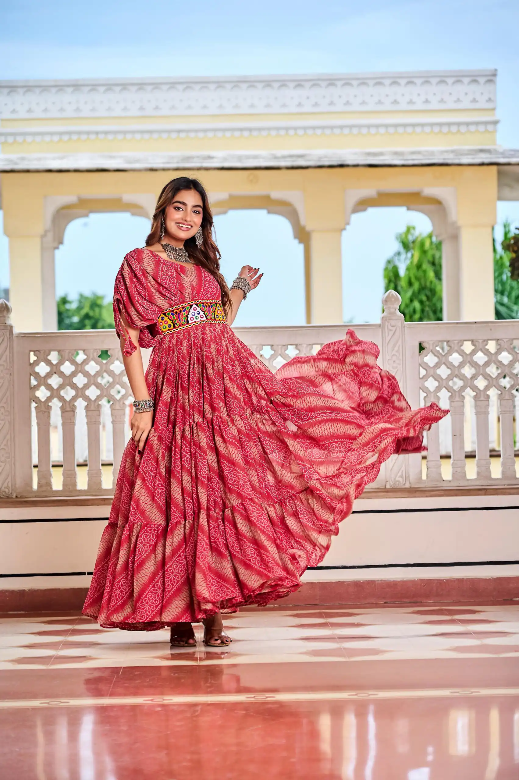 Aglow Red Faux Georgette Printed Mirror Work Gown - Image 2