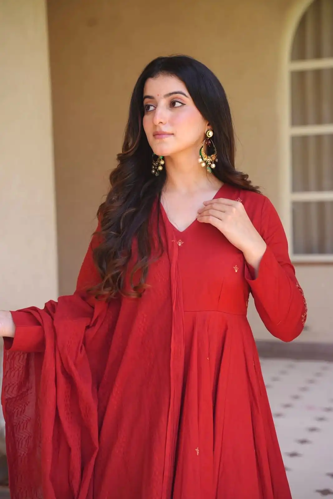 Aglow Red Roman Silk Embroidery Work Anarkali Suit - Image 5