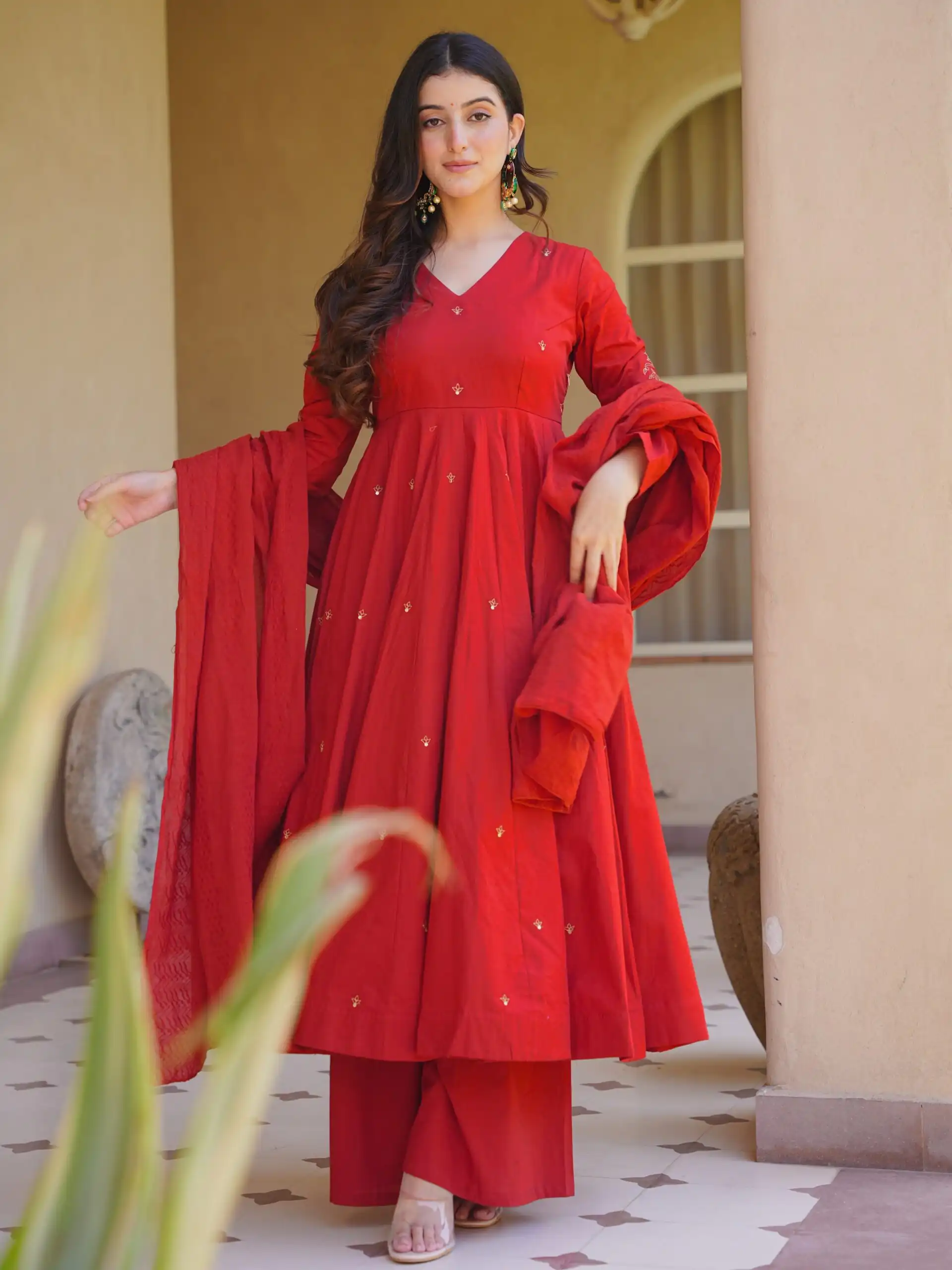 Aglow Red Roman Silk Embroidery Work Anarkali Suit - Image 3