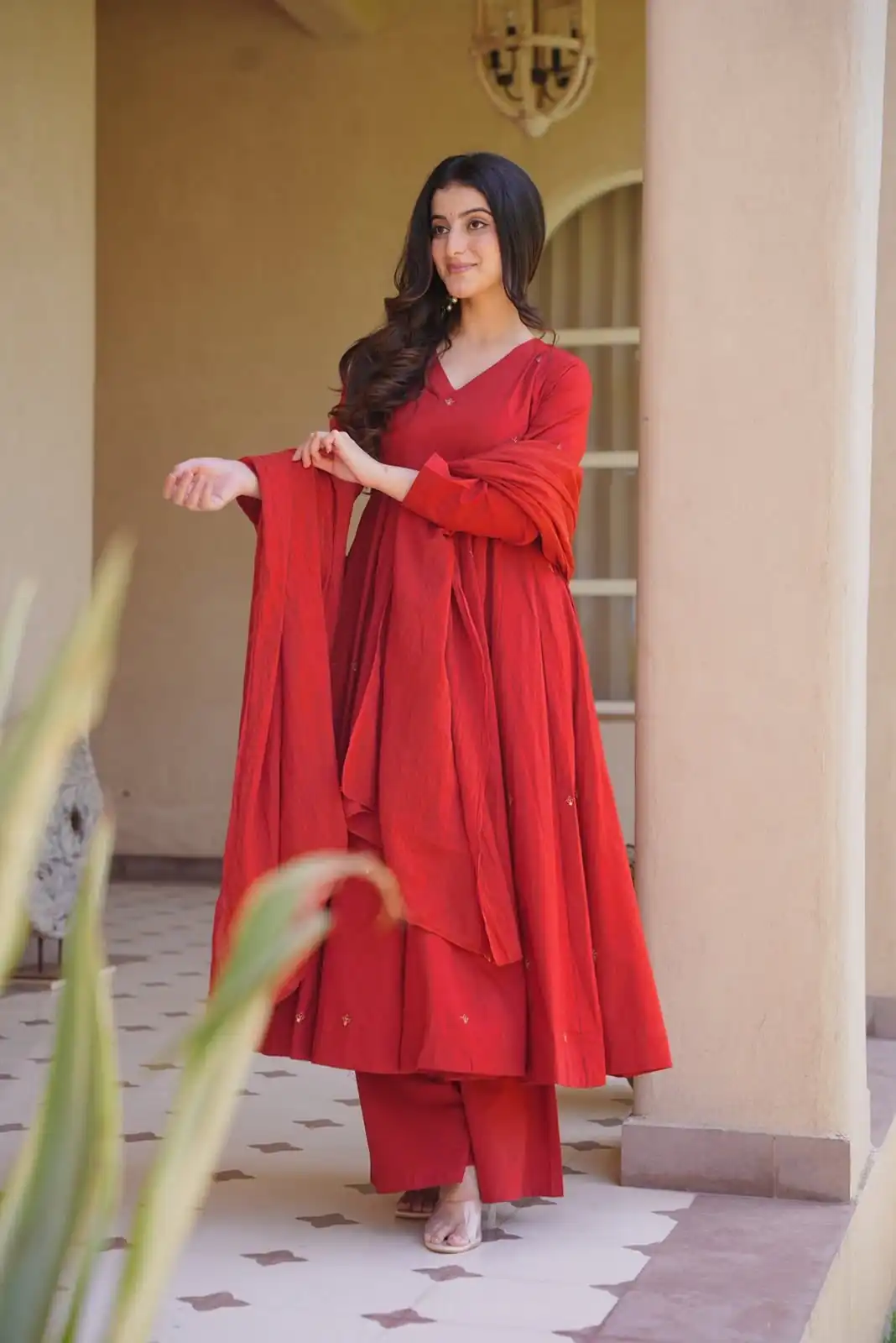 Aglow Red Roman Silk Embroidery Work Anarkali Suit - Image 2
