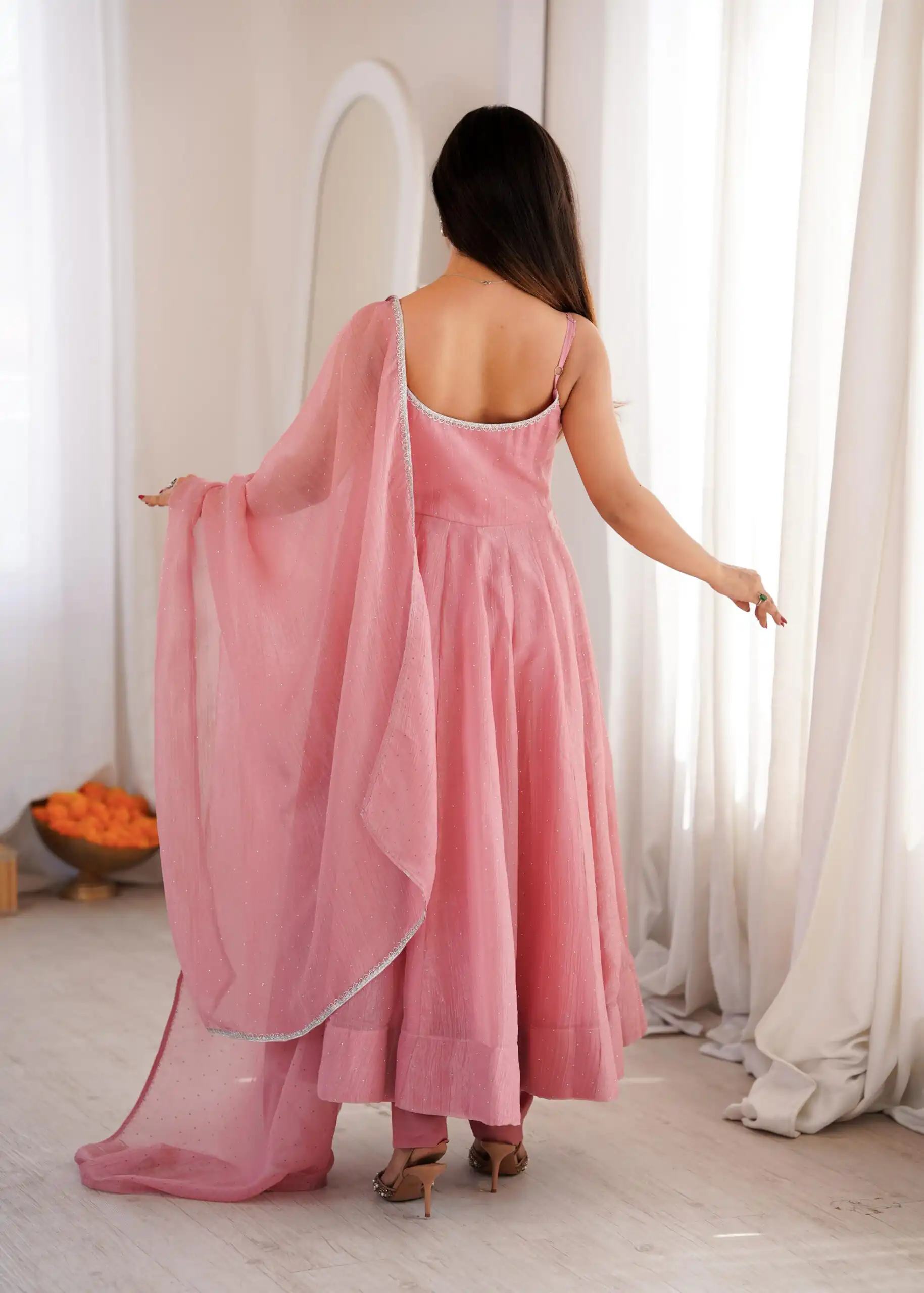 Alluring Pink Crunchy Silk Piroshki Work Anarkali Suit - Image 8