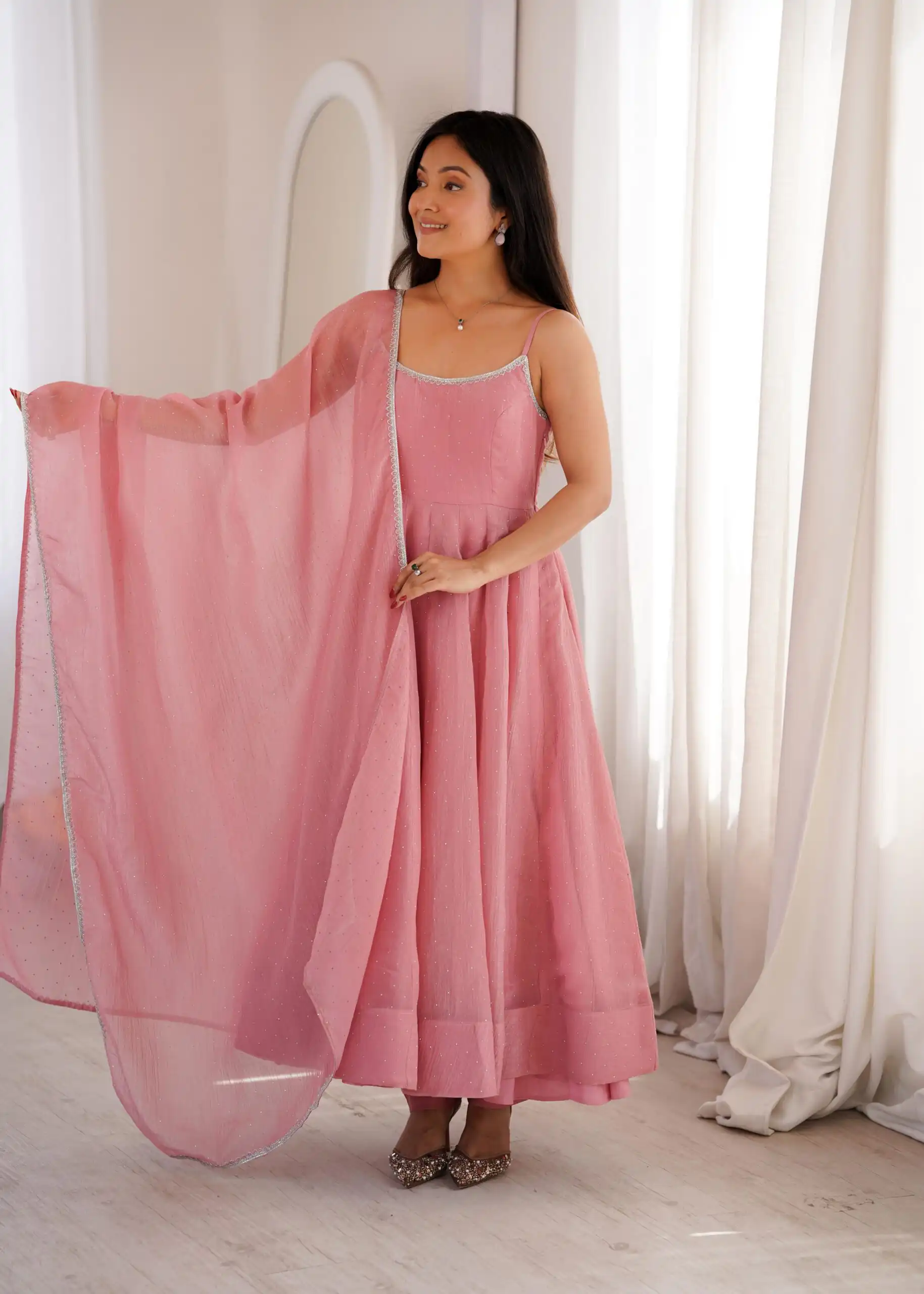 Alluring Pink Crunchy Silk Piroshki Work Anarkali Suit - Image 3