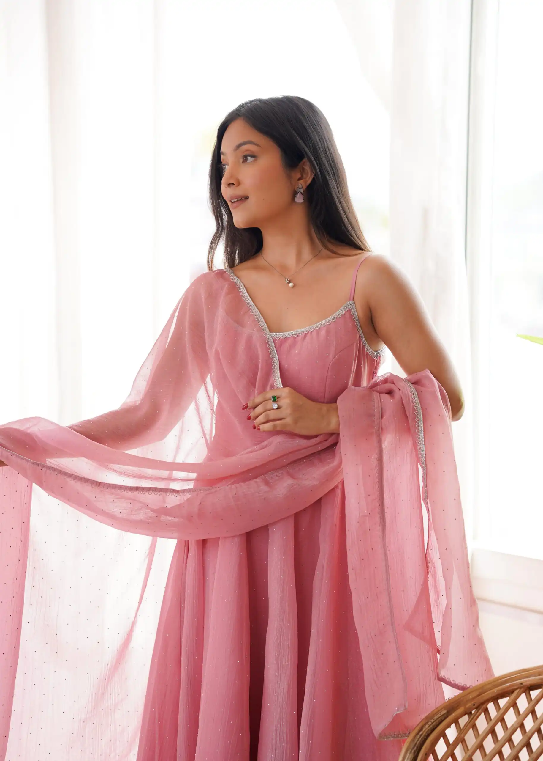 Alluring Pink Crunchy Silk Piroshki Work Anarkali Suit - Image 7