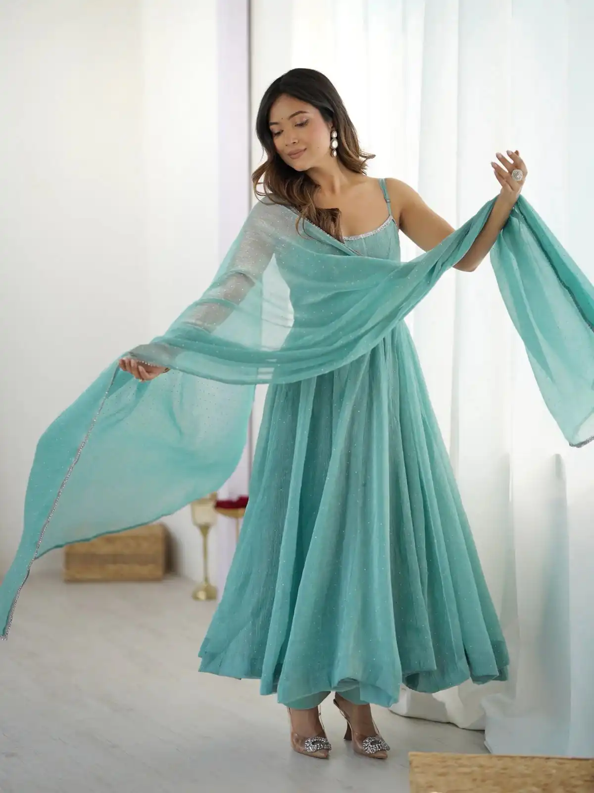Alluring Sky Blue Crunchy Silk Piroshki Work Anarkali Suit - Image 3