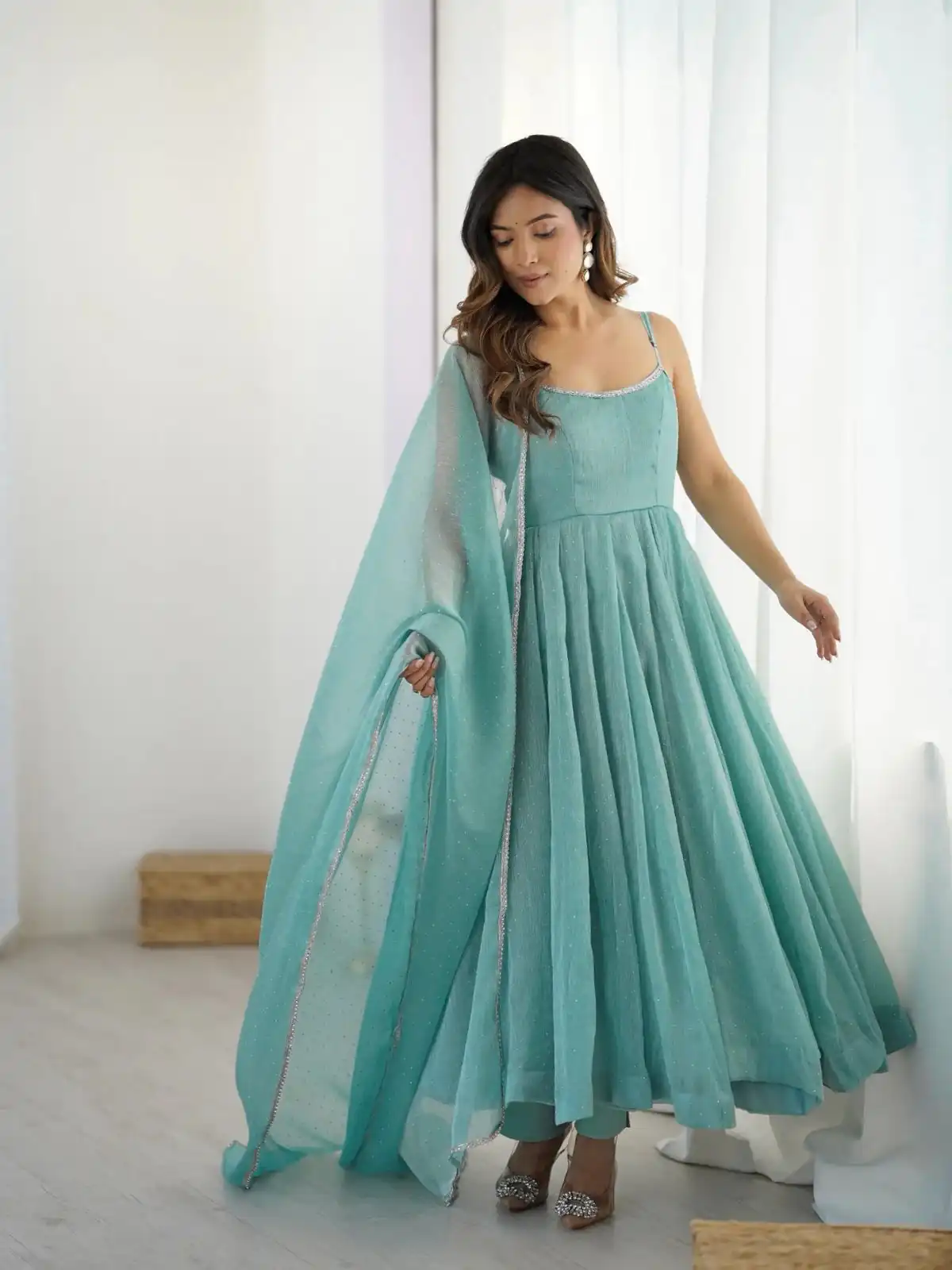 Alluring Sky Blue Crunchy Silk Piroshki Work Anarkali Suit - Image 2