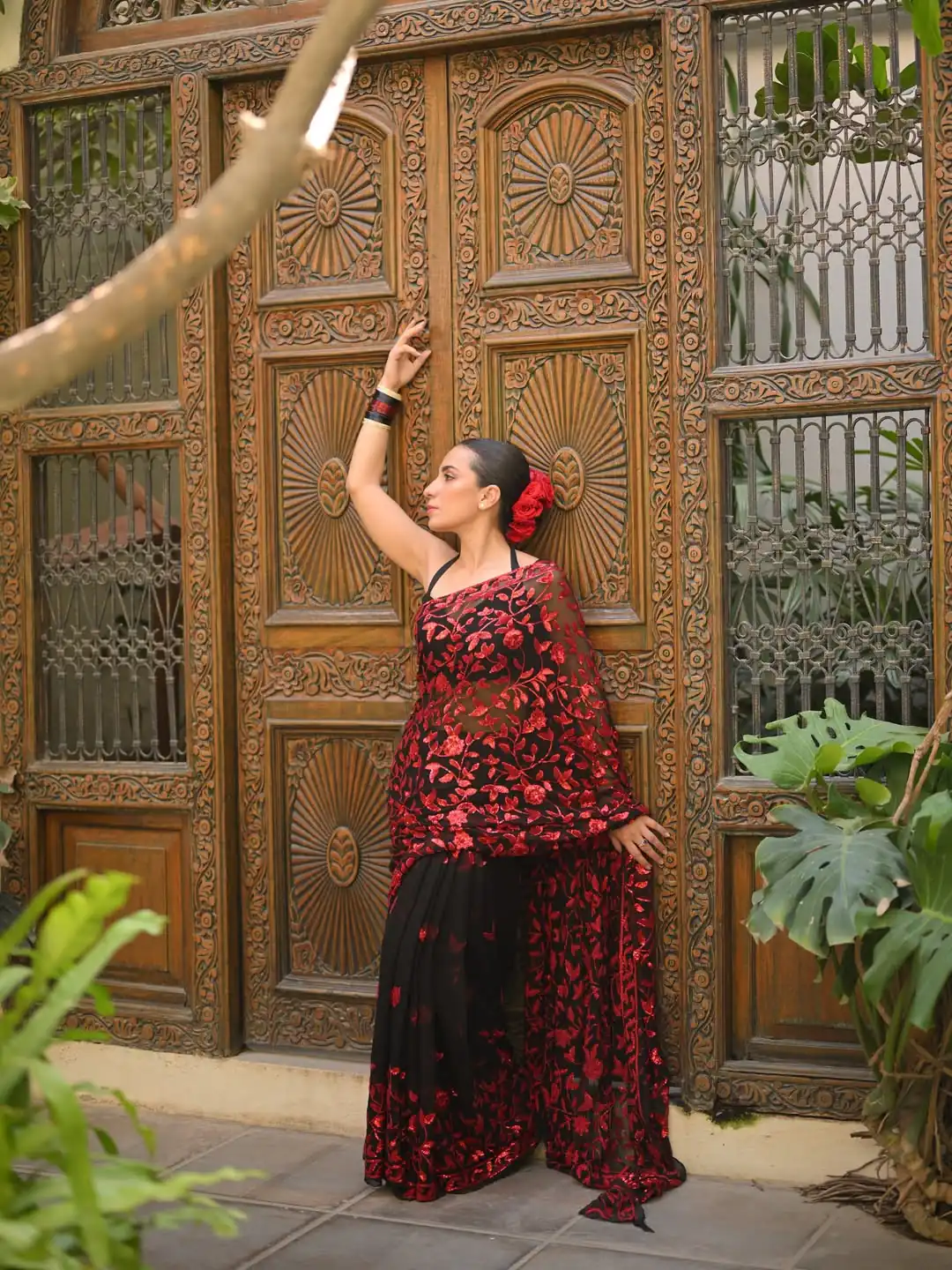 Attractive Red Faux Georgette Embroidery Work Saree - Image 2