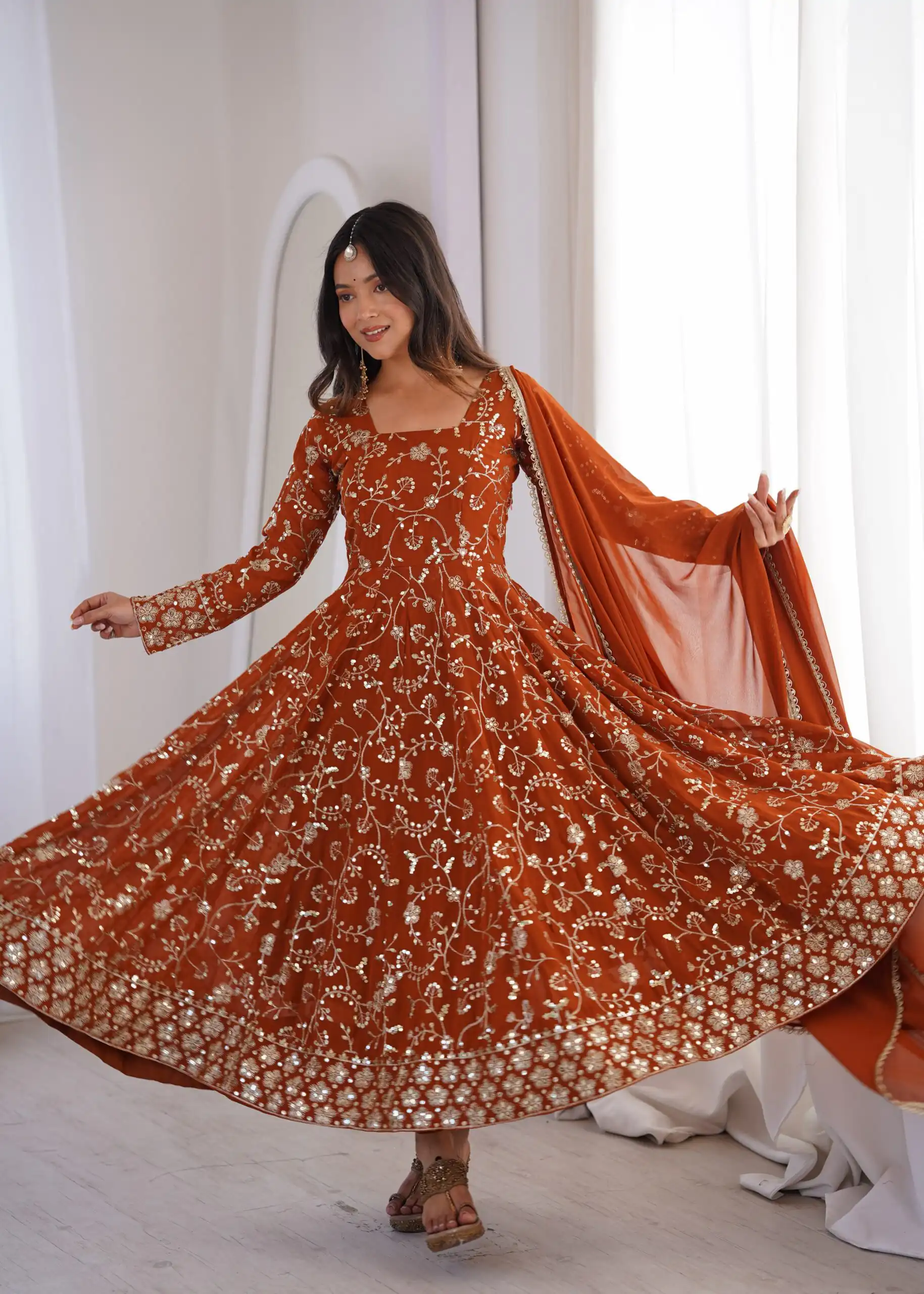 Beautiful Rust Fox Georgette Embroidery Work Gown - Image 6