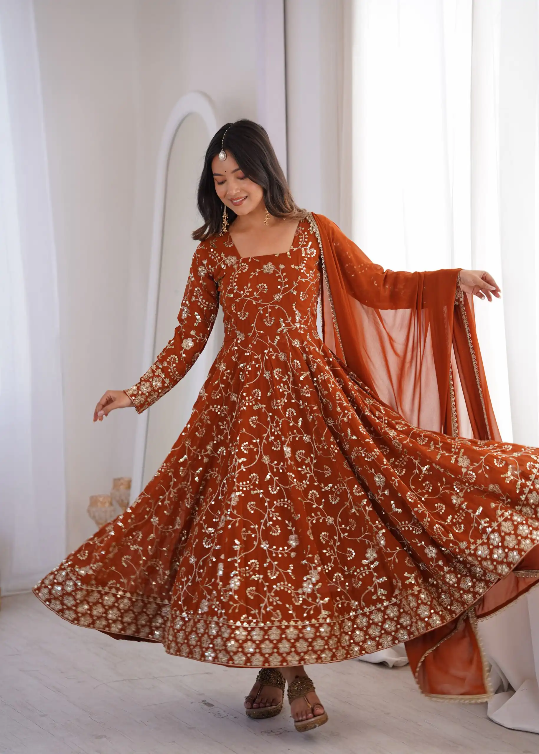 Beautiful Rust Fox Georgette Embroidery Work Gown - Image 7
