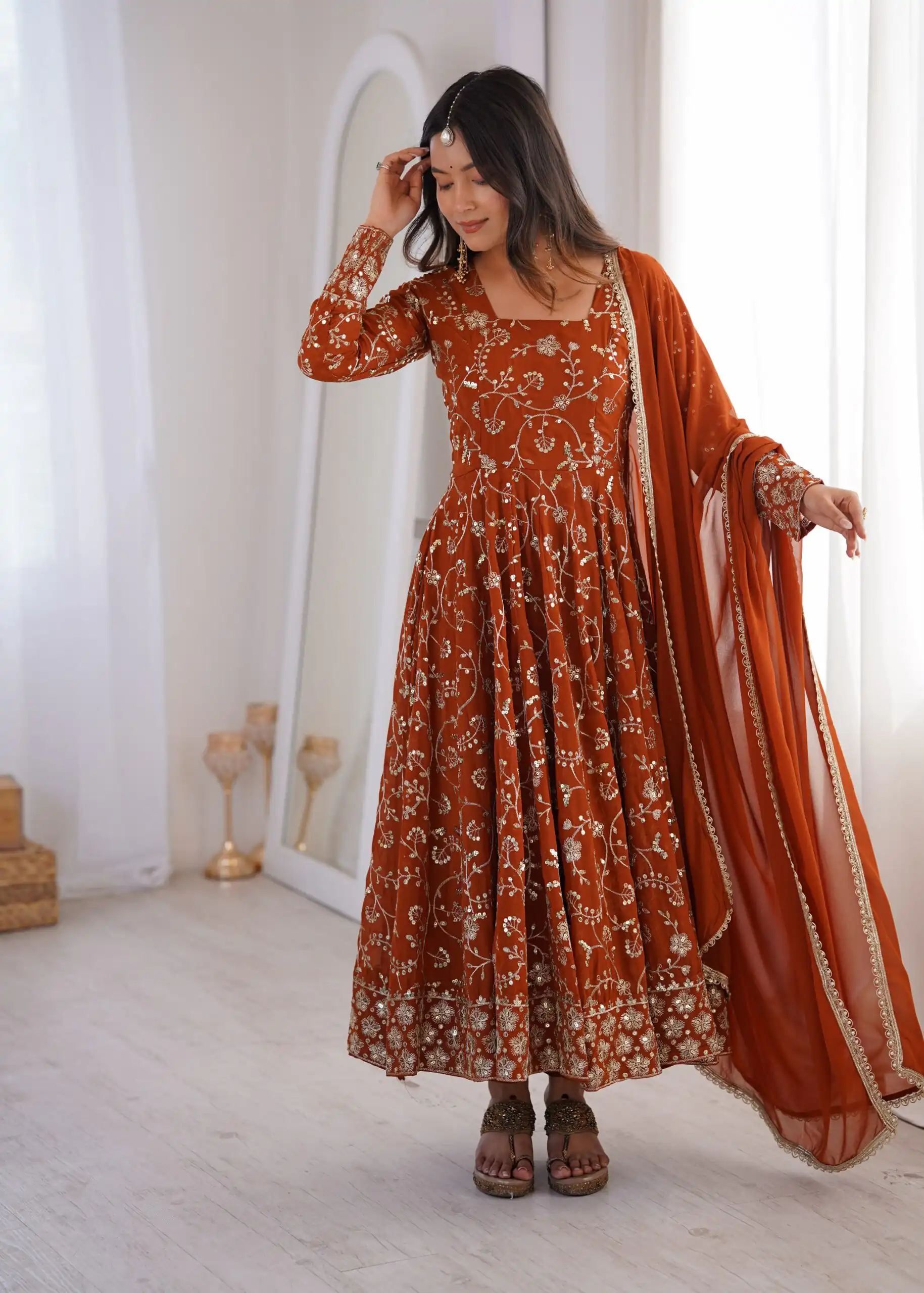 Beautiful Rust Fox Georgette Embroidery Work Gown - Image 4