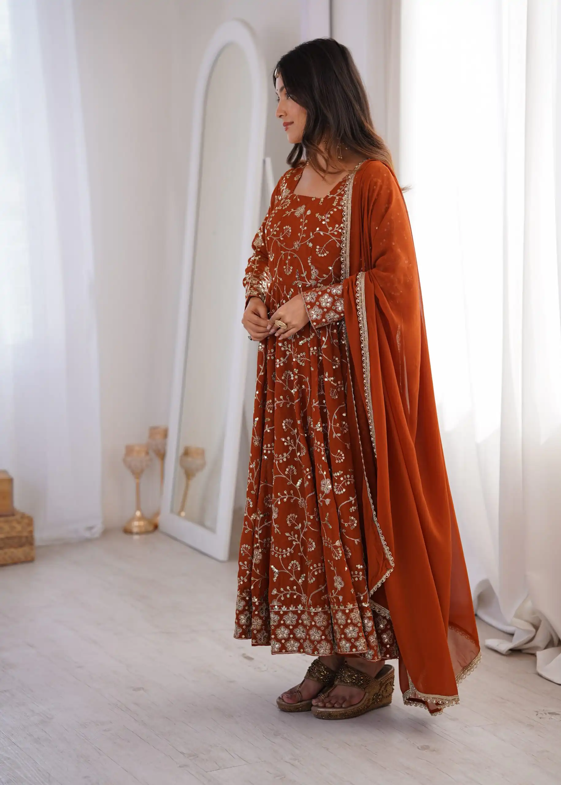 Beautiful Rust Fox Georgette Embroidery Work Gown - Image 2