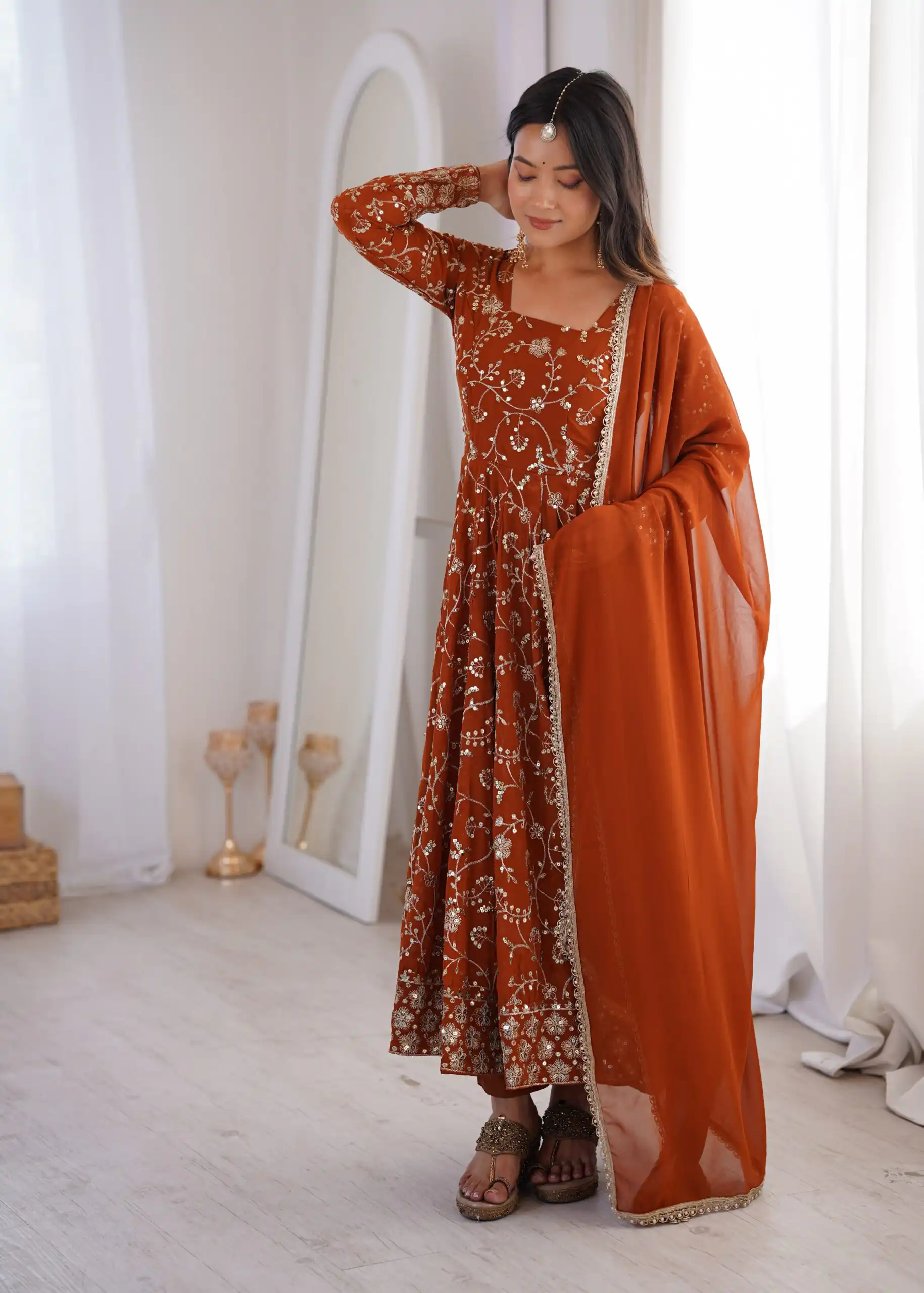Beautiful Rust Fox Georgette Embroidery Work Gown