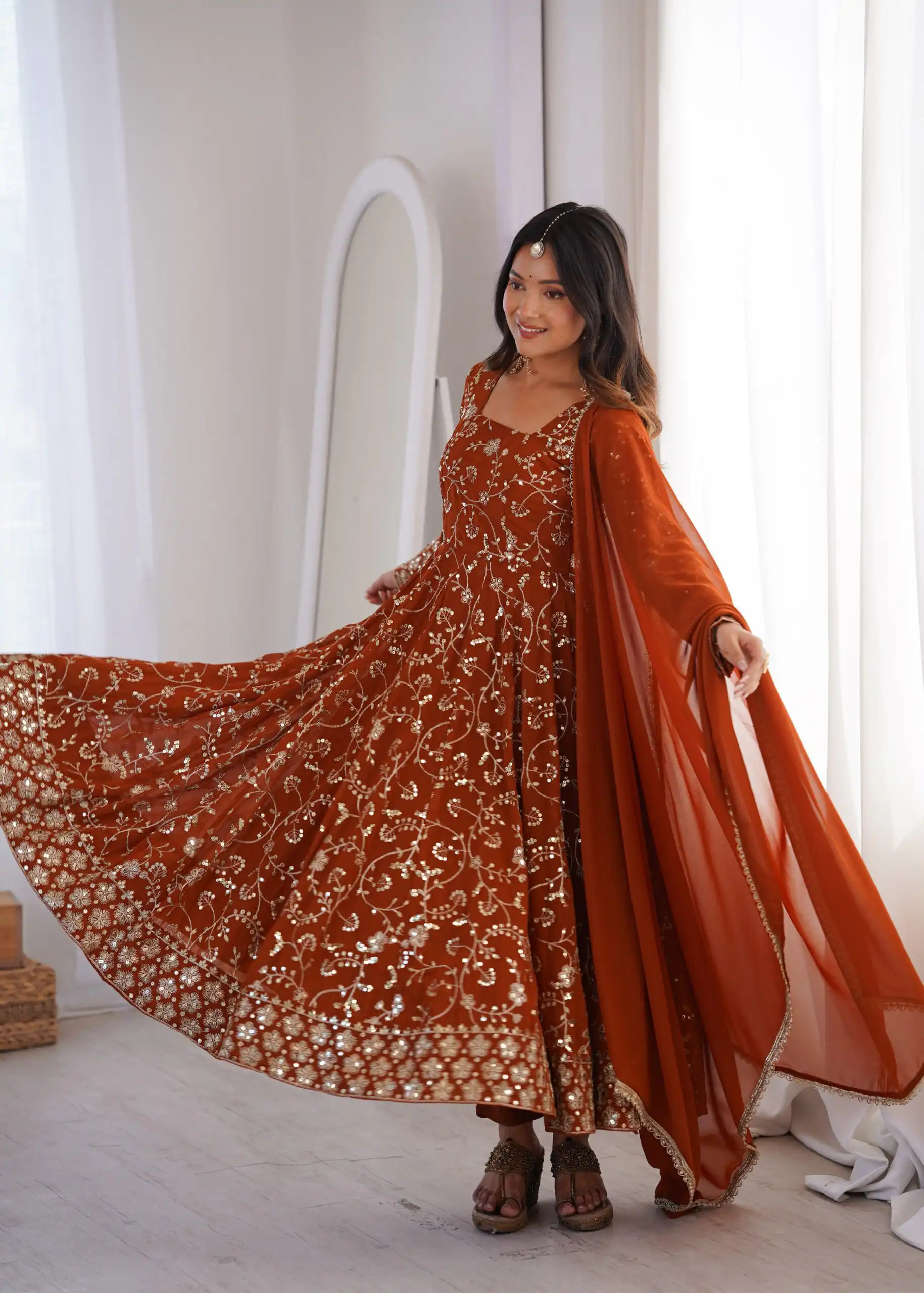 Beautiful Rust Fox Georgette Embroidery Work Gown - Image 9