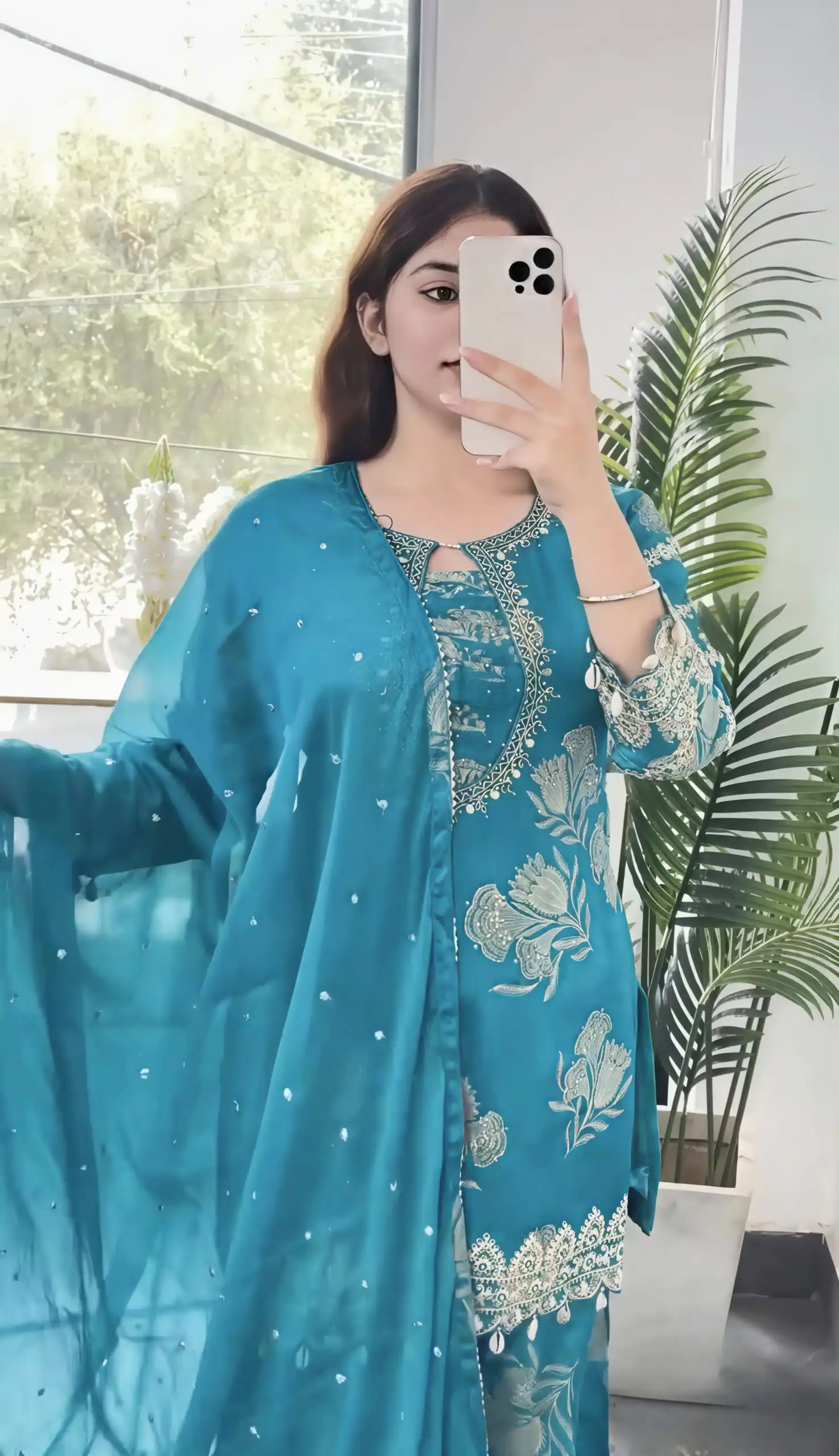 Beautiful Sky Blue Faux Georgette Sequins Salwar Suit - Image 5