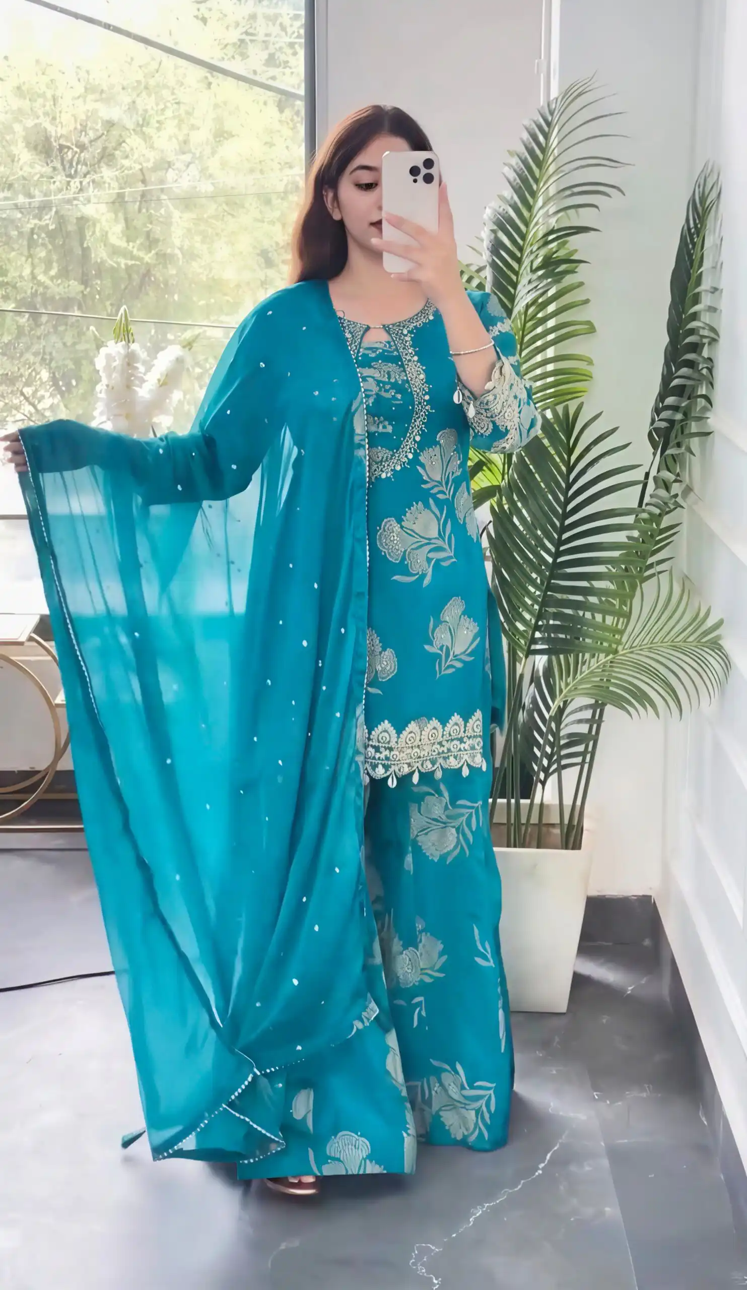 Beautiful Sky Blue Faux Georgette Sequins Salwar Suit - Image 3