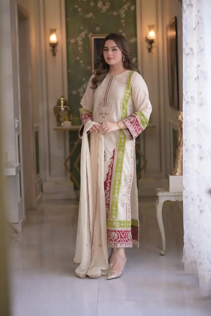Best Cream Roman Silk Embroidery Work Salwar Suit - Image 7