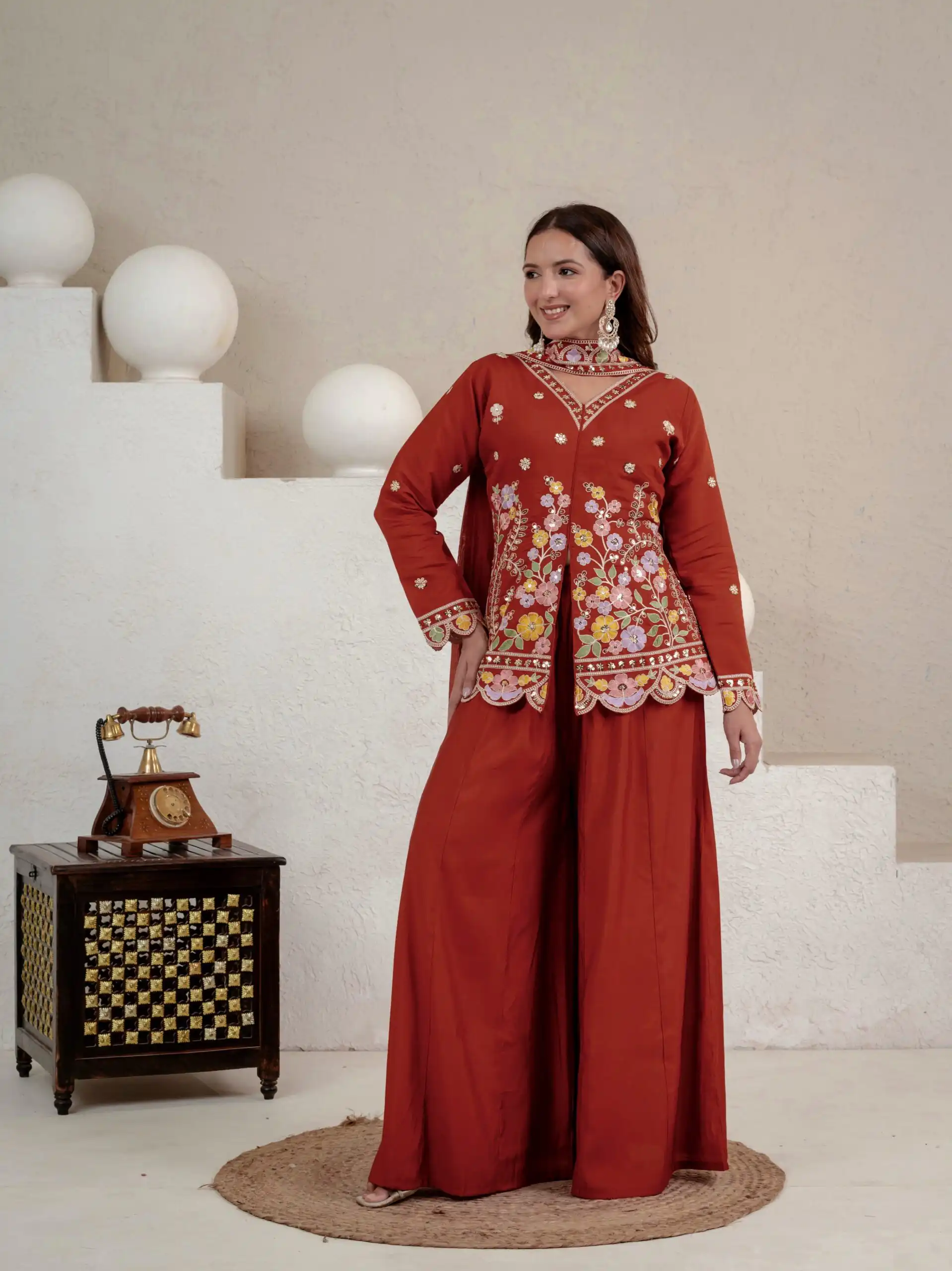 Best Rust Roman Silk Embroidery Sequins Work Salwar Suit - Image 5