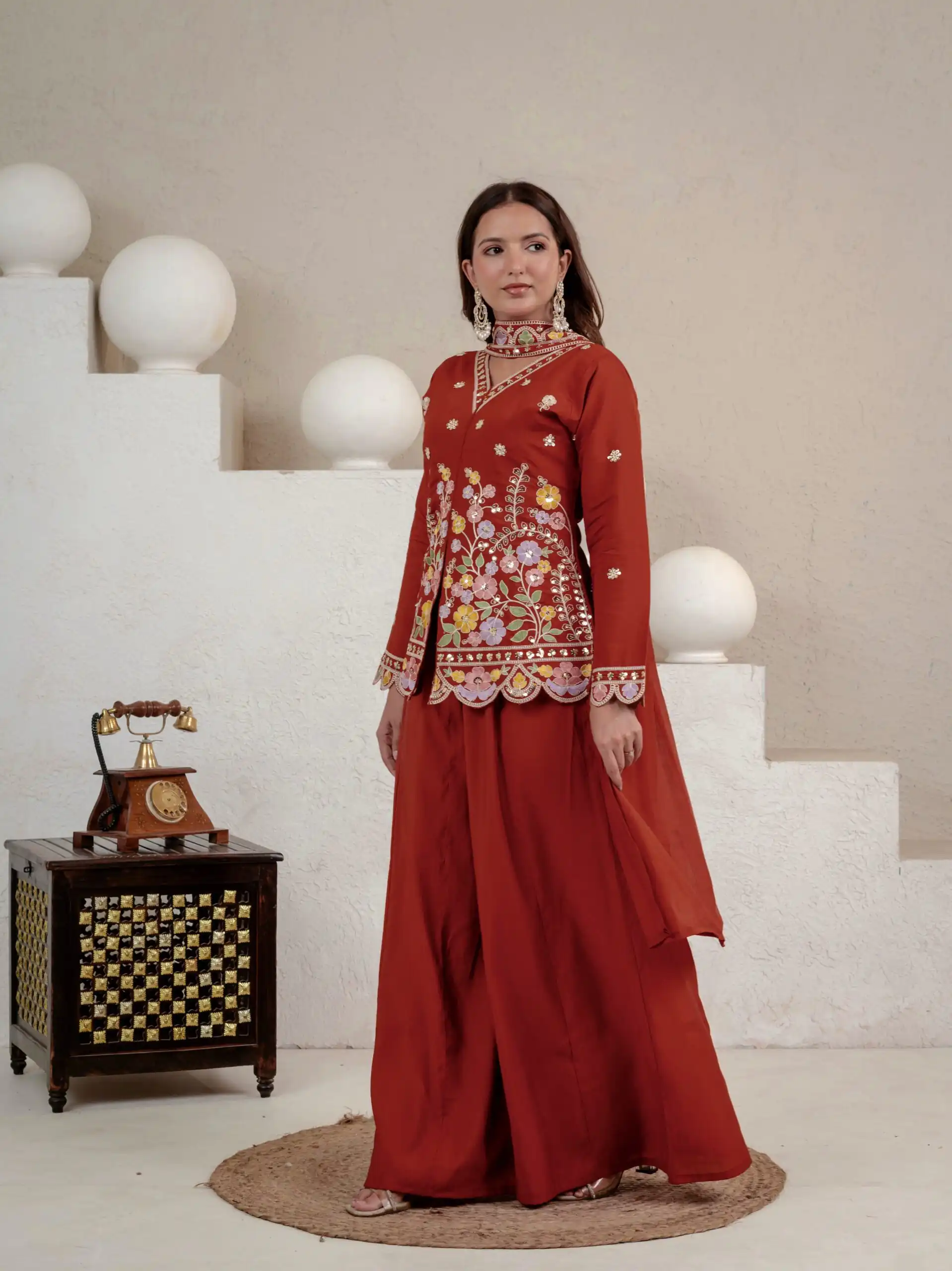 Best Rust Roman Silk Embroidery Sequins Work Salwar Suit - Image 4